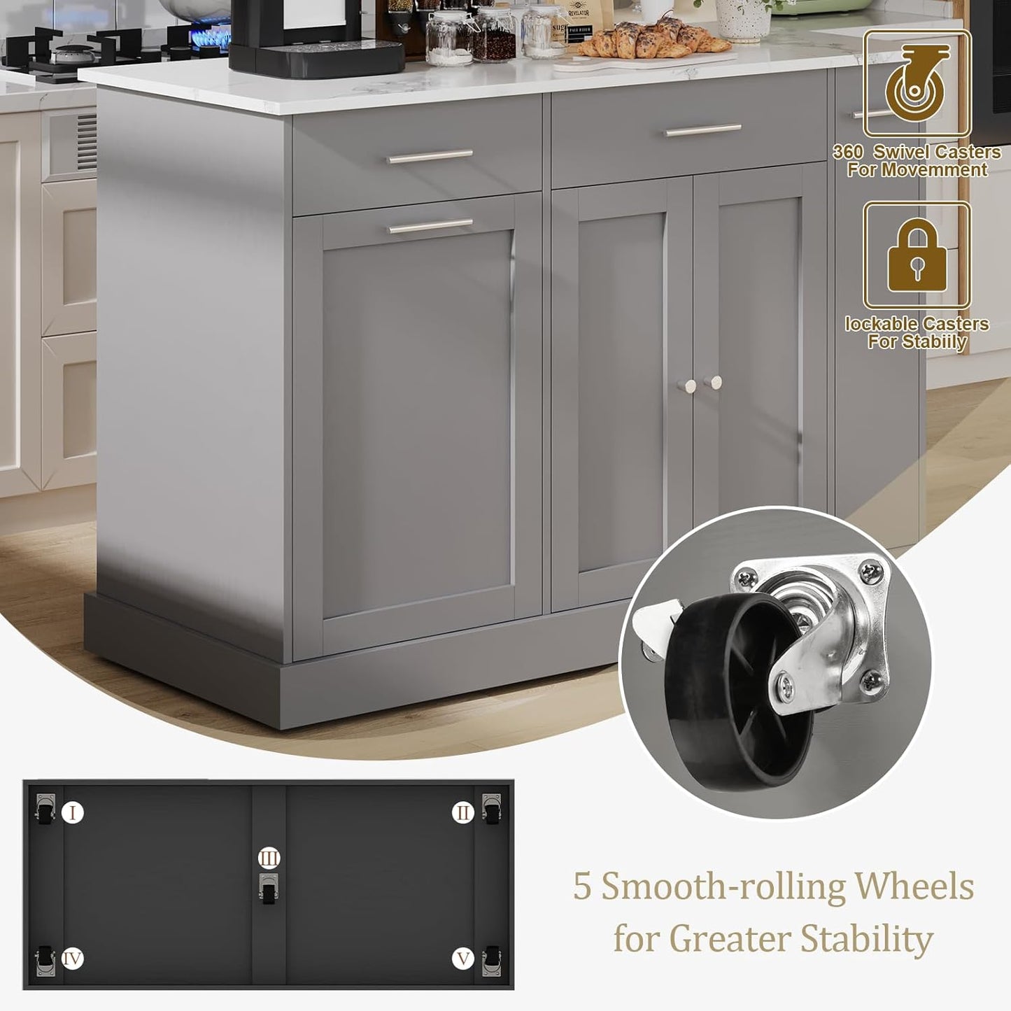 4 EVER WINNER Kitchen Island with Trash Can Storage, Kitchen Islands on Wheels with Marble Countertop, Portable Island Cart for Kitchen, Gray