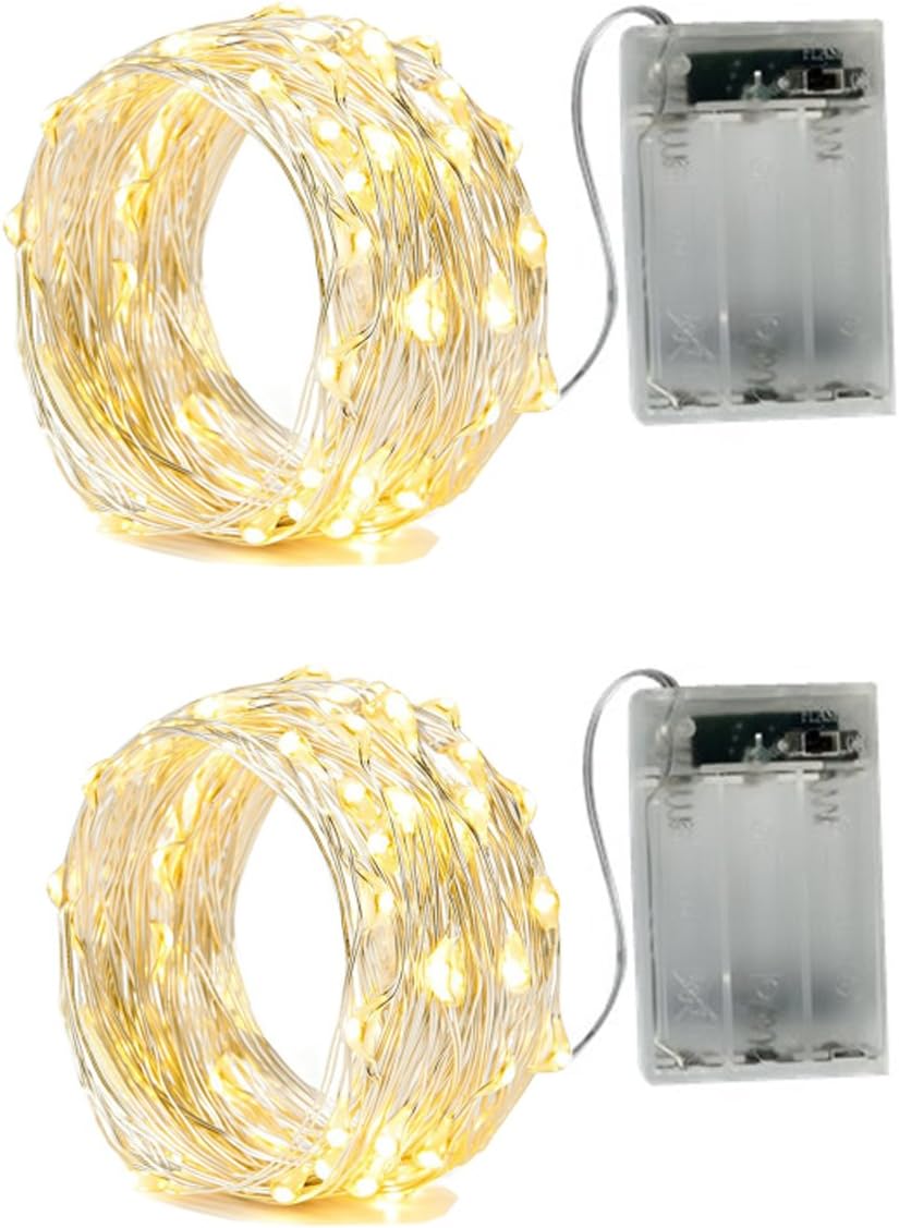 2 x 50LEDs Fairy Lights Battery Operated, Silver Wire 2 Mode Chains String Lights for Bedroom Christmas Party Decoration (Warm White, 16.4)