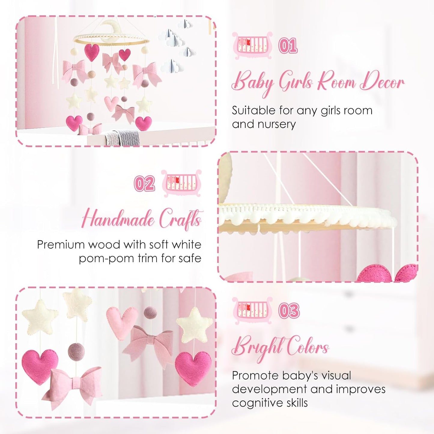 Baby Mobile for Crib Pink Bow Baby Crib Mobile for Girls Handmade Coquette Bow Nursery Decor for Infant Bedroom Hanging Pink Girls Room Decor for Bassinet Gender Reveal Newborn Gifts