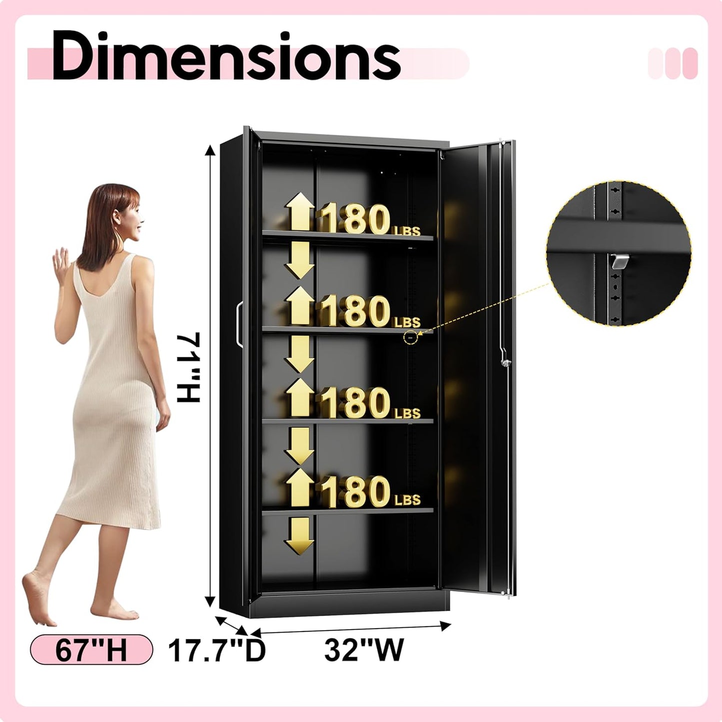 71" Garage Storage Cabinets with Lock, Cabinets with Doors and Shelves, Kitchen Pantry Cabinet, Metal Cabinet for Office, Garage, Shop, School, Assemble Required, Black