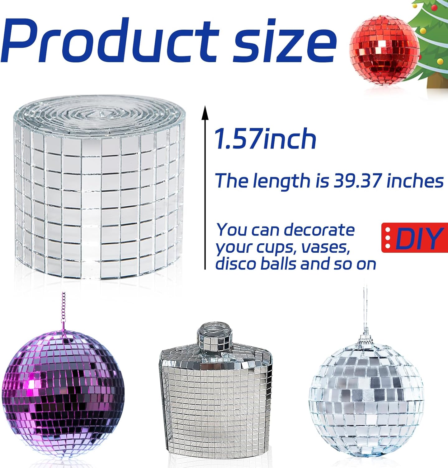 Silver Self-Adhesive Glass Mirror Mosaic Tiles, 5 x 5 mm Square Mirror Tiles, 3200 Pieces Disco Ball Tiles for DIY Craft, 2 Rolls Disco Mirror Tiles for Interior, Art Collage, Card Making, Cups