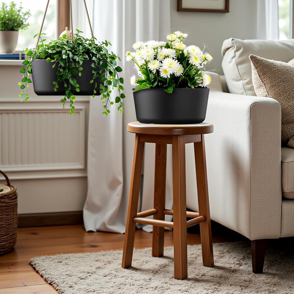 10.7 Inch Hanging Planter for Outdoor Indoor Plants，2 Pack Hanging Flower Pots with Drain Holes for Garden Home Decor Use (Black)