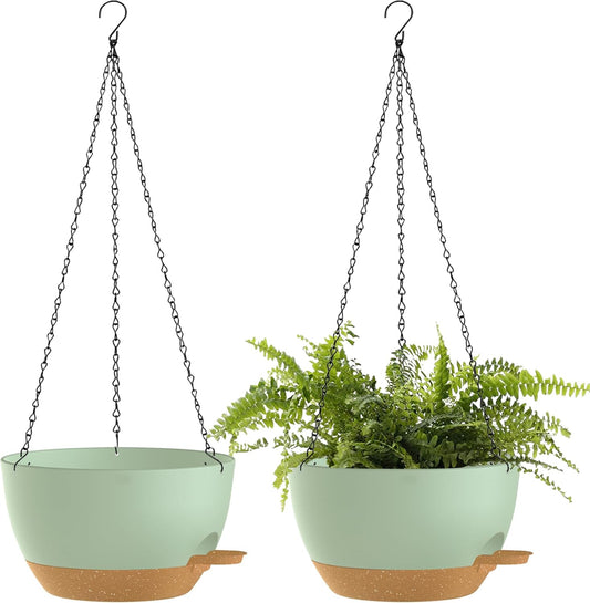 12 Inch Hanging Baskets 2 PC with Chains, Self-Watering Hanging Planters for Indoor Outdoor Plants, Plastic Hanging Flower Pots,Green Brown