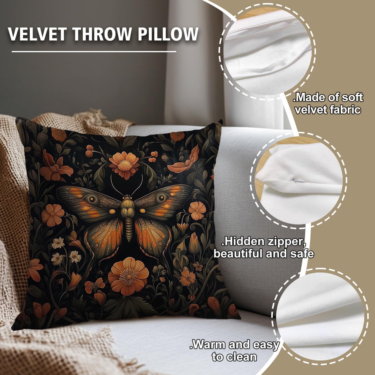 William Morris Abstract Vintage Floral Velvet Butterfly Design Throw Pillow Covers Home Decor, Retro Art Deco Pillowcase Cushion Cover for Bed Sofa Living Room, Square 18x18inch (Orange-Butterfly)