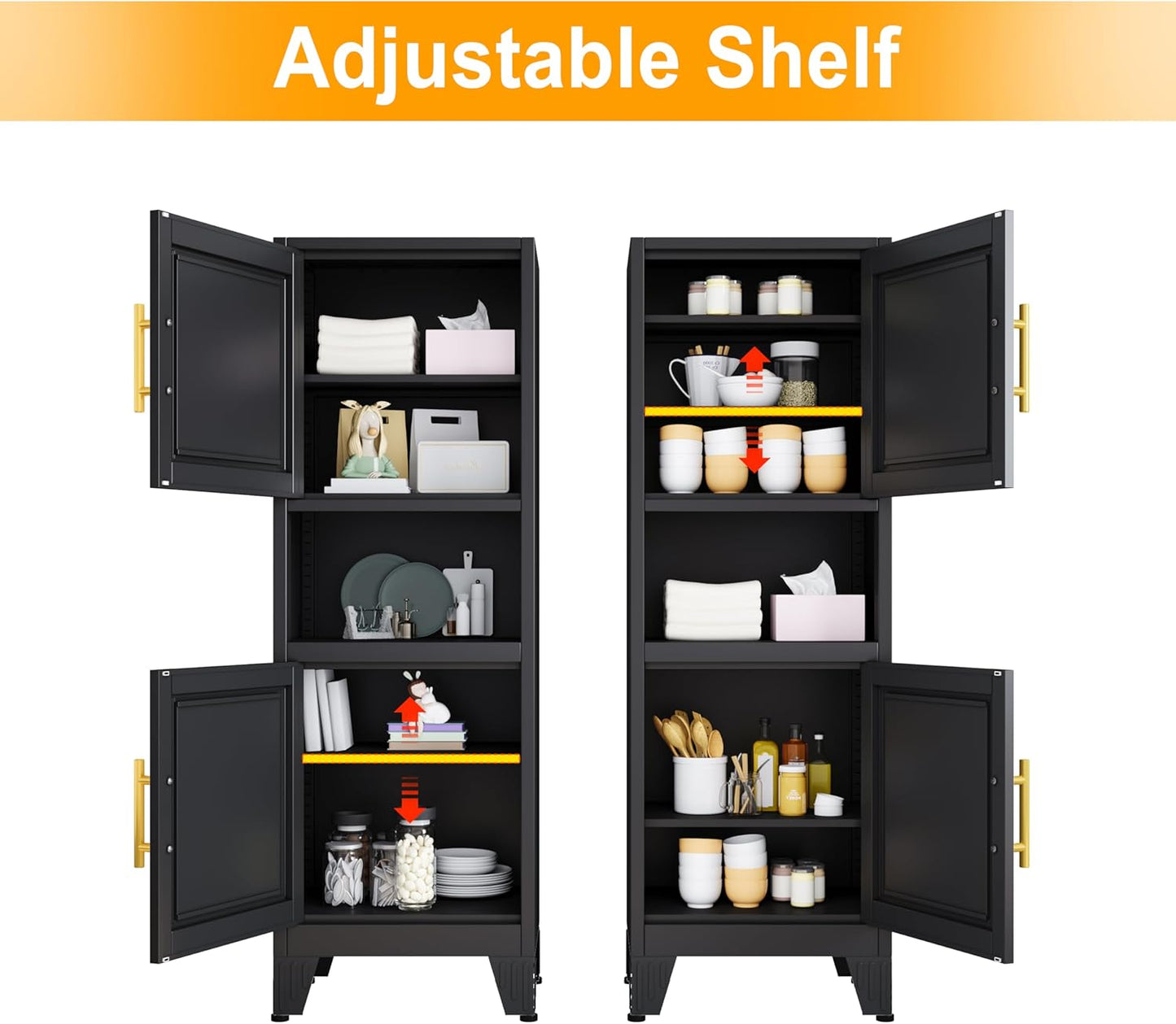47.24" H Metal Narrow Bathroom Storage Cabinet Pantry Storage Cabinet, 2 Adjustable Shelves for Kitchen, Home Office, Living Room, Dinning Room (Black)