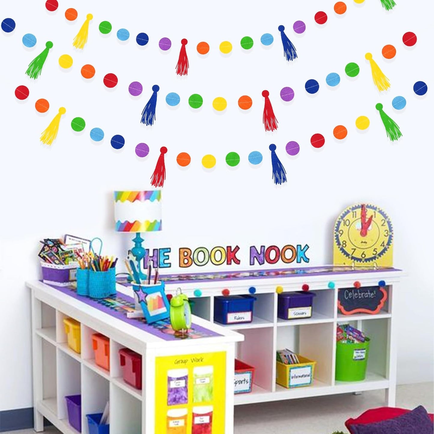 Rainbow Decorations Colorful Felt Tassel Circle Dot Garland Banner Rainbow Hanging Polka Dot Tassel Streamer for Classrooms Preschool Everyone is Welcome Nursery Birthday Fiesta Carnival Party Decor