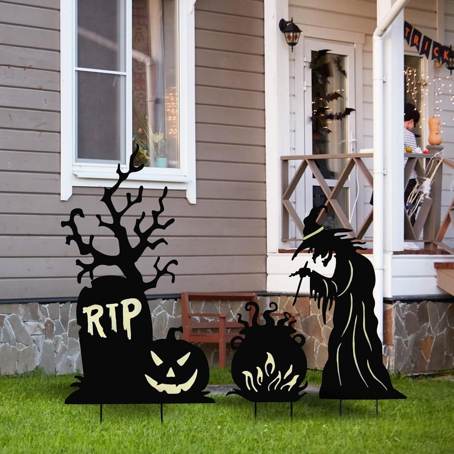 Halloween Yard Signs Outdoor Decorations，3 Pack Warerproof Scary Witch Tombstone Cauldron Fluorescent Metal Stakes Glow in The Dark for Lawn Garden Halloween Decor (Witch Tombstone Cauldron)