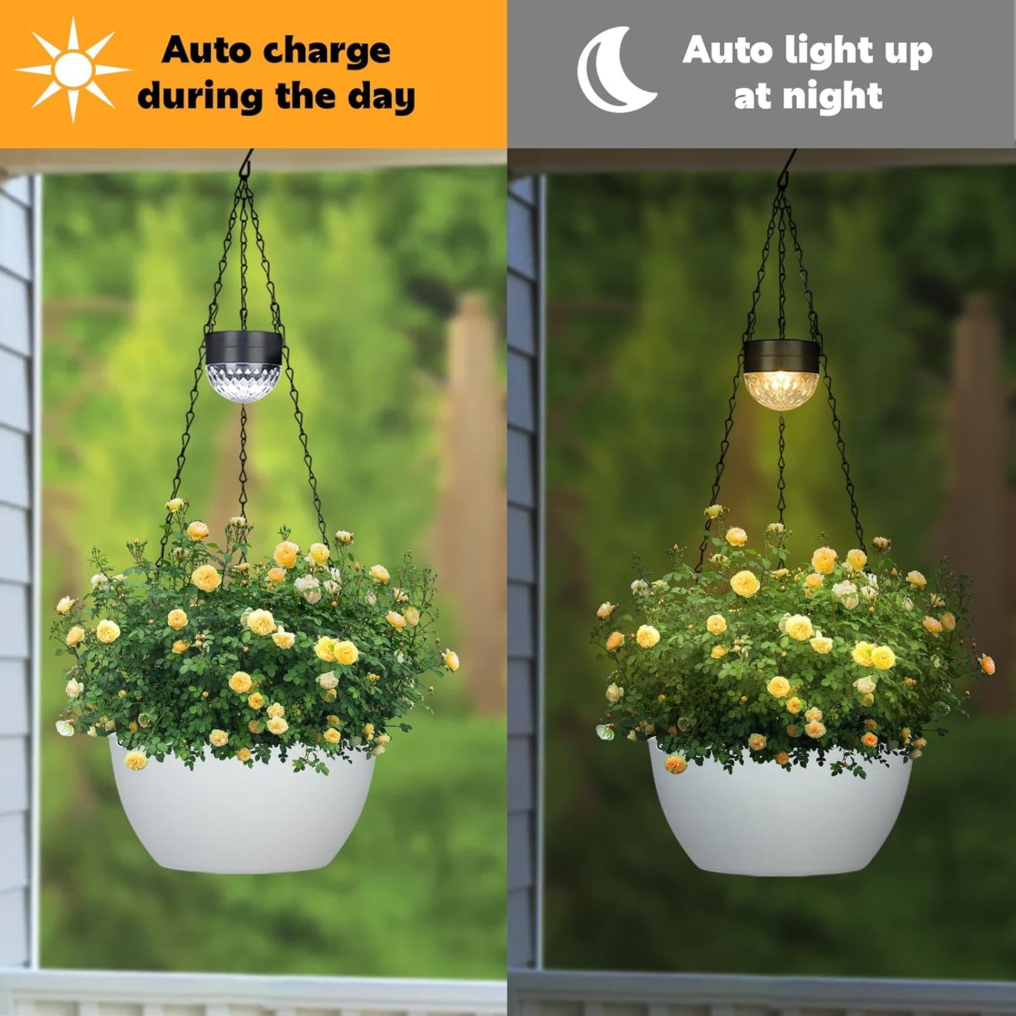 2 Packs Hanging Planters Basket for Outdoor Plants, Solar Powered Self Watering White Round Plastic Flower Pots with Drainer for Balcony Patio Garden Outdoor Decoration