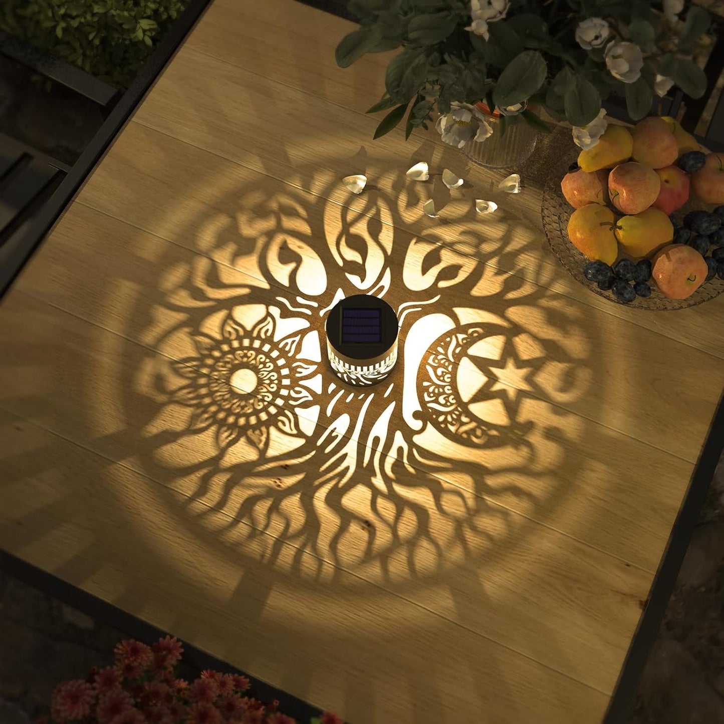 2 Pack Solar Fence Lights Metal Solar Powered Outdoor Wall Deck Step Lights Tree Theme Waterproof Fence Light for Garden Post Patio Backyard Yard Decor (Tree, 2 Pack)