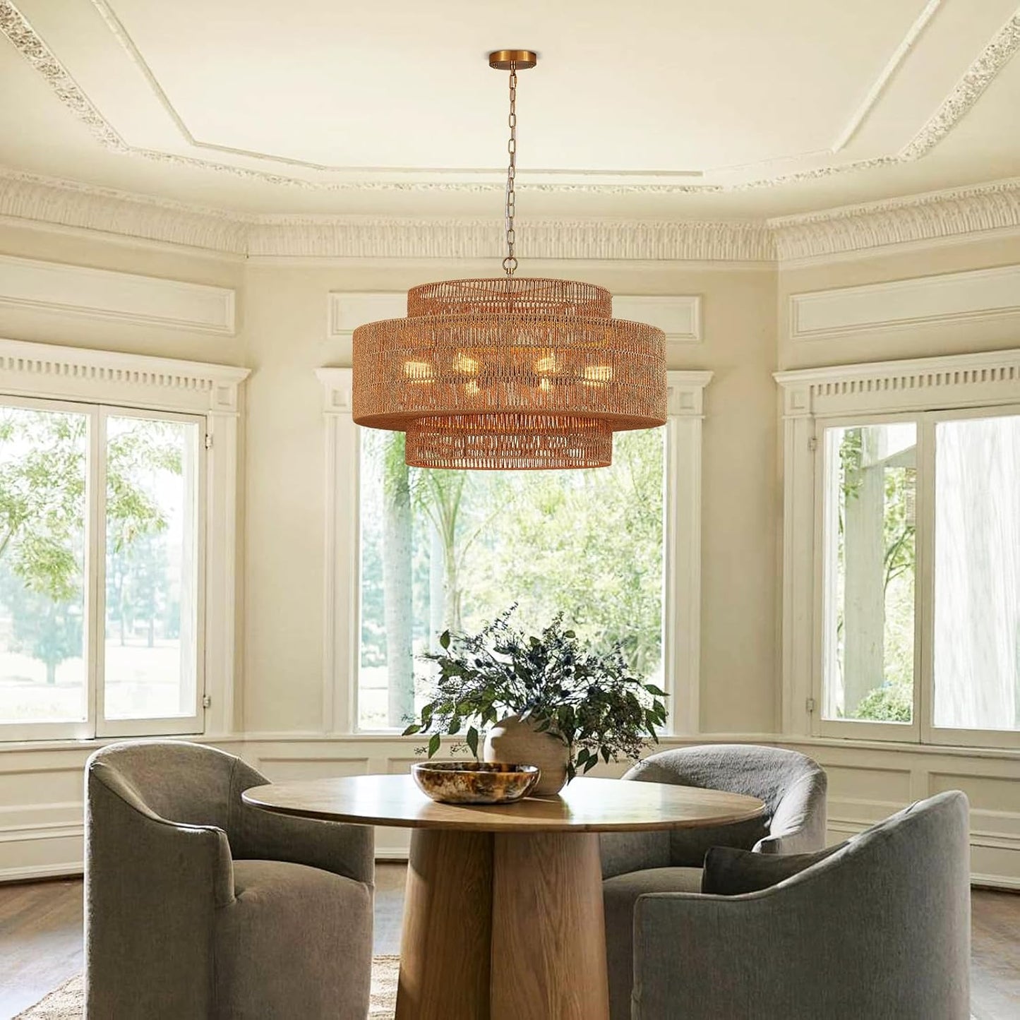 30” Large Rattan Chandelier Light Fixture 8-Light Vintage Farmhouse Hand-Woven Boho Bamboo Rattan Chandelier 3-Tier Drum Wicker Gold Chandeliers for Dining Room, Kitchen, Living Room