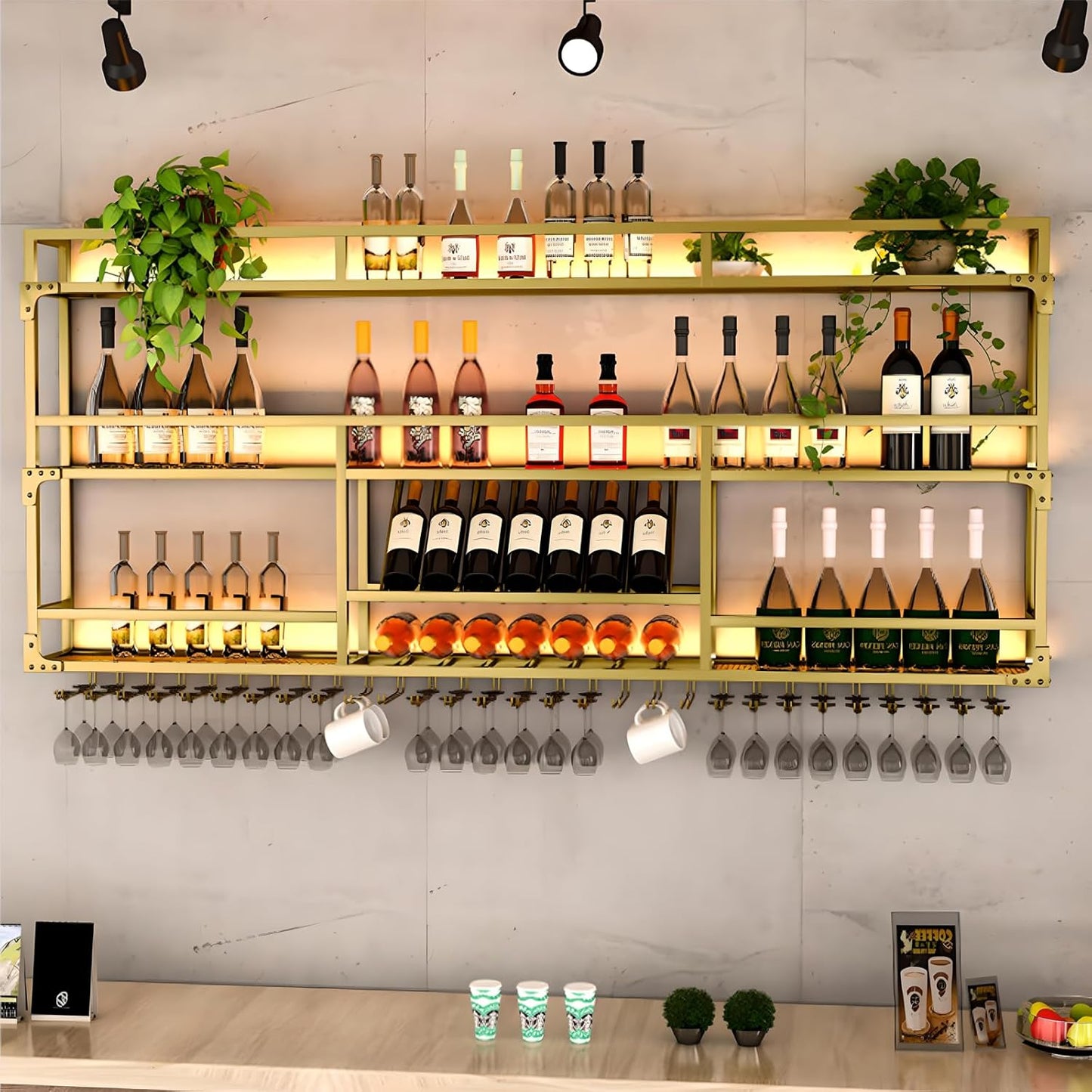 59in Wall Mounted Wine Rack, Wine Rack Wall Mounted With Wine Glass Rack, Metal Bar Bottle Display Shelf Wine Cups Hanging Holder, For Home Bar Cafe Dining Room Decoration (GOLD, 59*10*35.5inch)