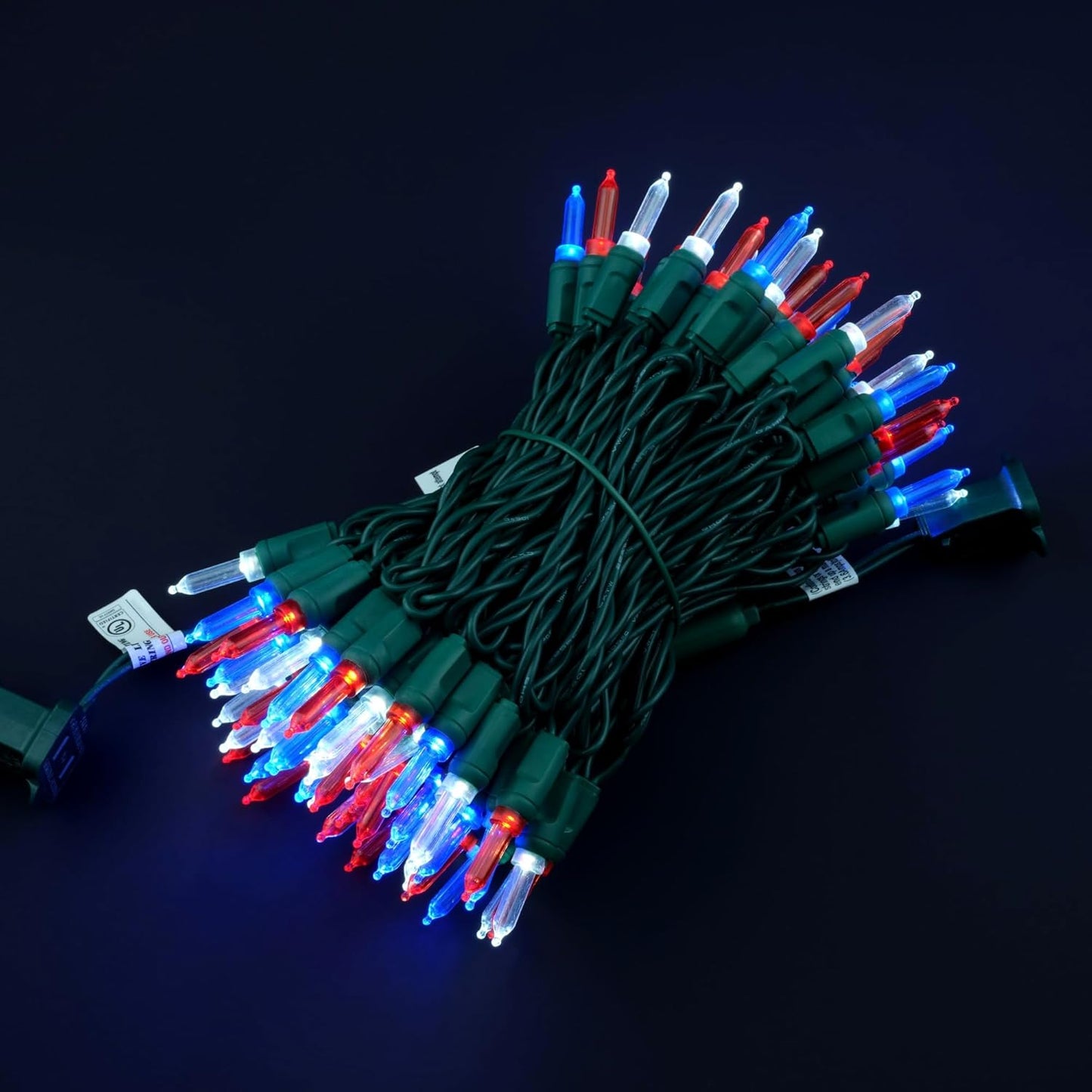 100 Red White Blue One-Piece LED Christmas Lights, 33 ft Green Cord High Waterproof UL Certified Patriotic Outdoor String Lights (Red White & Blue)