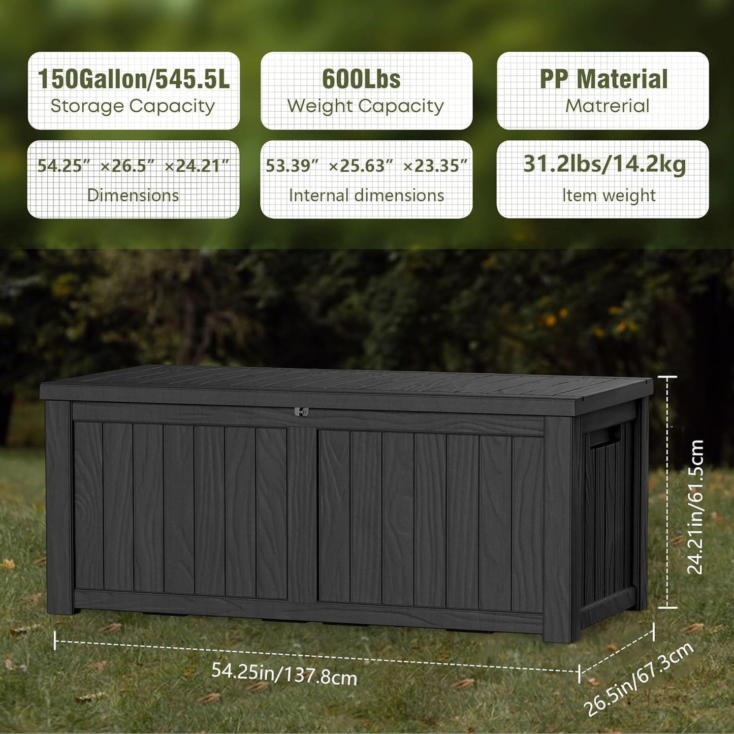 150 Gallon Outdoor Storage Box Waterproof Lockable Resin Deck Box Large, Patio Storage Bin for Pool Accessories Cushion Furniture, Garden Tools, UV-Resistant Outside Delivery Black