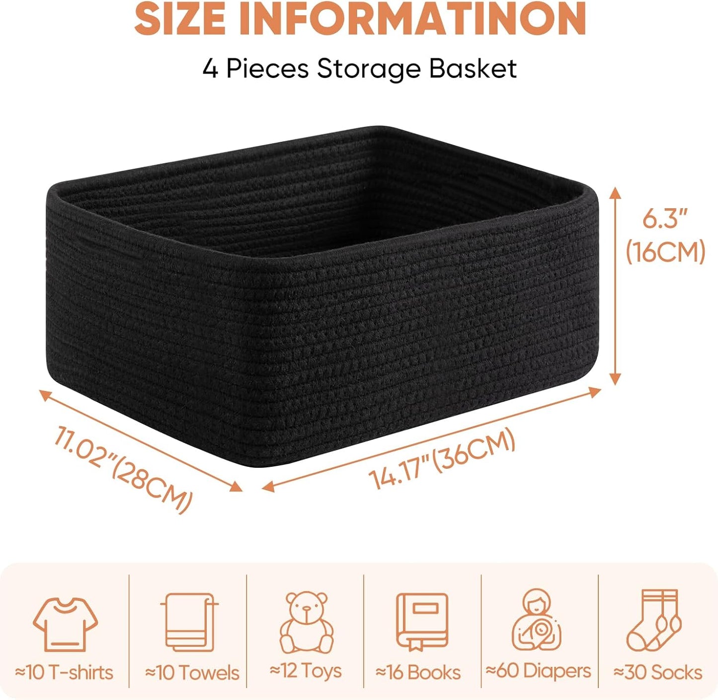 OIAHOMY 4 Pack 14.17*11.02*6.3IN Storage Baskets for Organizing Shelves, Woven Rope Baskets for Organizing Books, Clothes, Decorative Basket for Living Room, Nursery, Bedroom, Gift Basket, Black