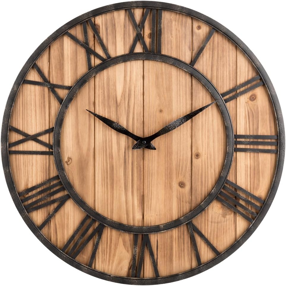 Oldtown Farmhouse Metal & Solid Wood Noiseless Wall Clock (Wood, 24-inch)