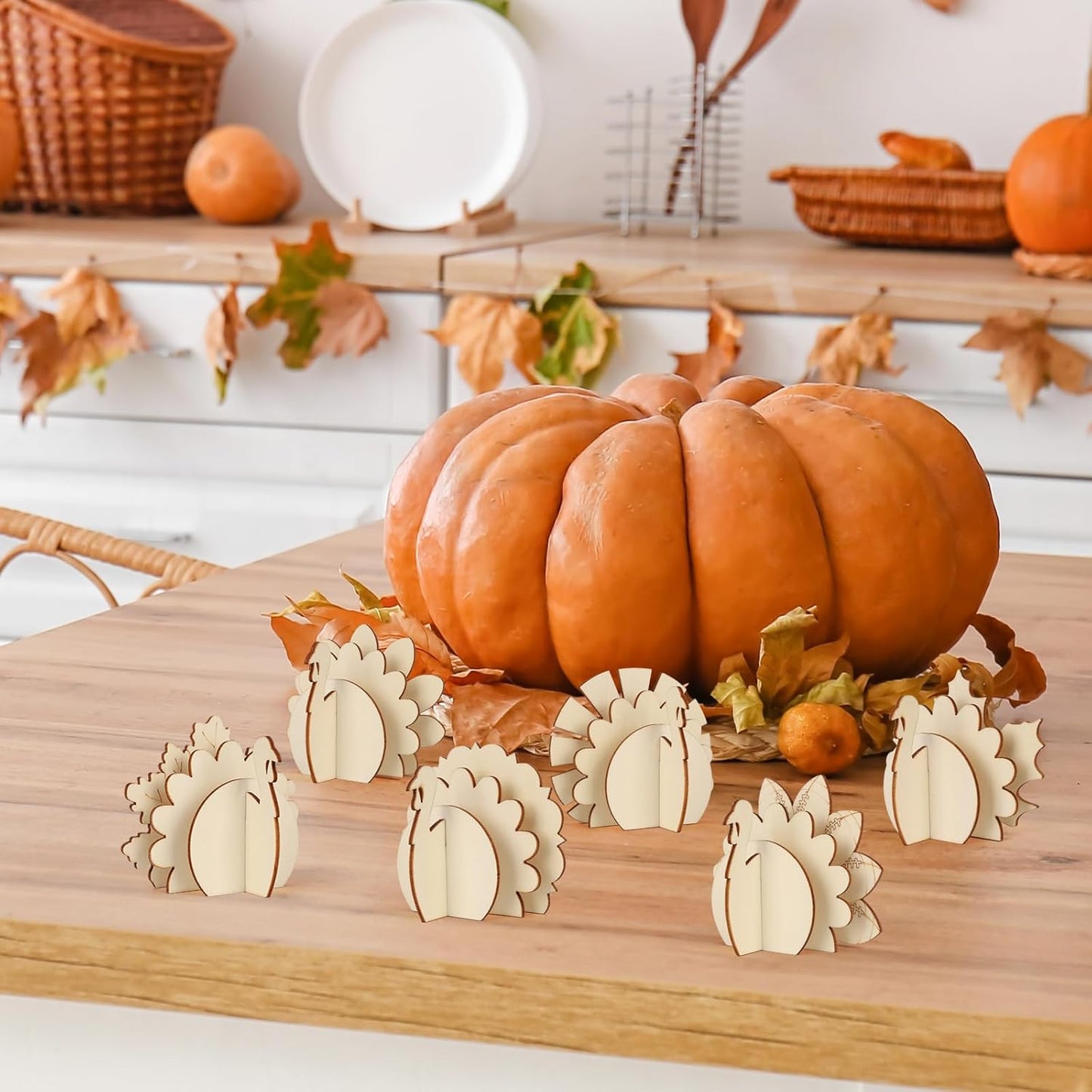 COCHIE DIY 3D Turkey Thanksgiving Wood Crafts to Paint for Kids Adults, Paintable Unfinished Wooden Slices for Craft, Fall Cutouts Ornaments for Painting Decorations 24 PCS Formed Into 6 Turkeys