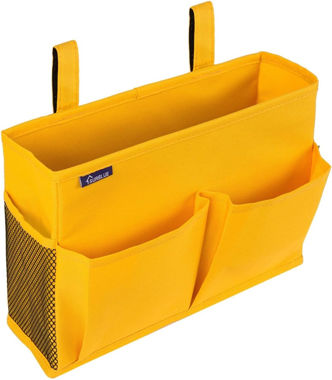 Surblue Bedside Caddy Hanging Bed Organizer Storage Bag Pocket for Bunk and Hospital Beds, College Dorm Rooms Baby Bed Rails, Camp 4 Pockets and 2 Hooks (Small, Yellow)