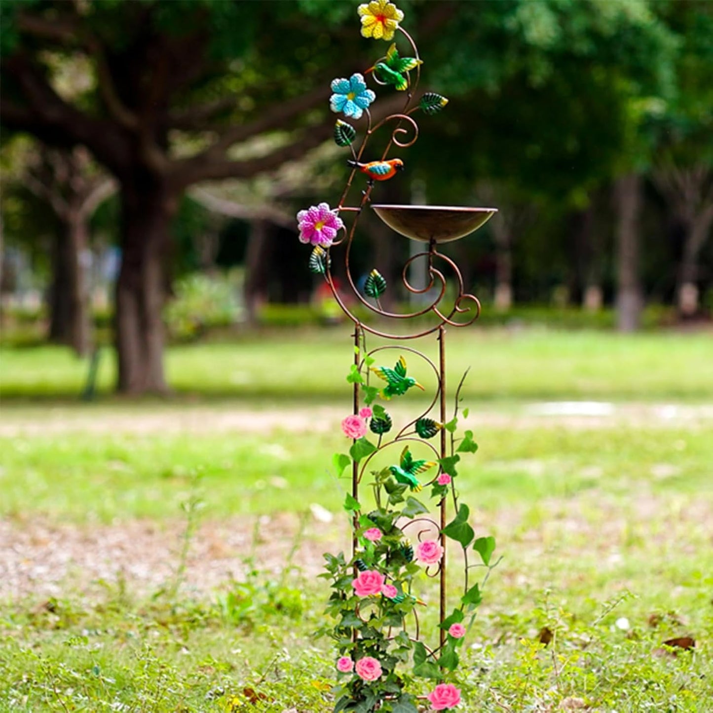 57" Height Metal Bird Bath with Trellis for Outdoor, Vintage Decorative Bird Baths, Small Garden Plant Support, Antique BirdBath for Climbing Plants with Detachable Iron Bowl (Hummingbird)