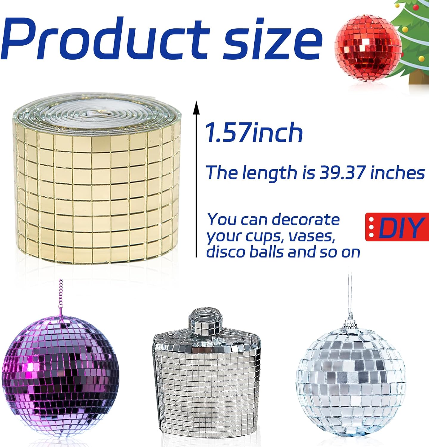 Gold Self-Adhesive Glass Mirror Mosaic Tiles, 5 x 5 mm Square Mirror Tiles, 3200 Pieces Disco Ball Tiles for DIY Craft, 2 Rolls Disco Mirror Tiles for Interior, Art Collage, Card Making, Cups