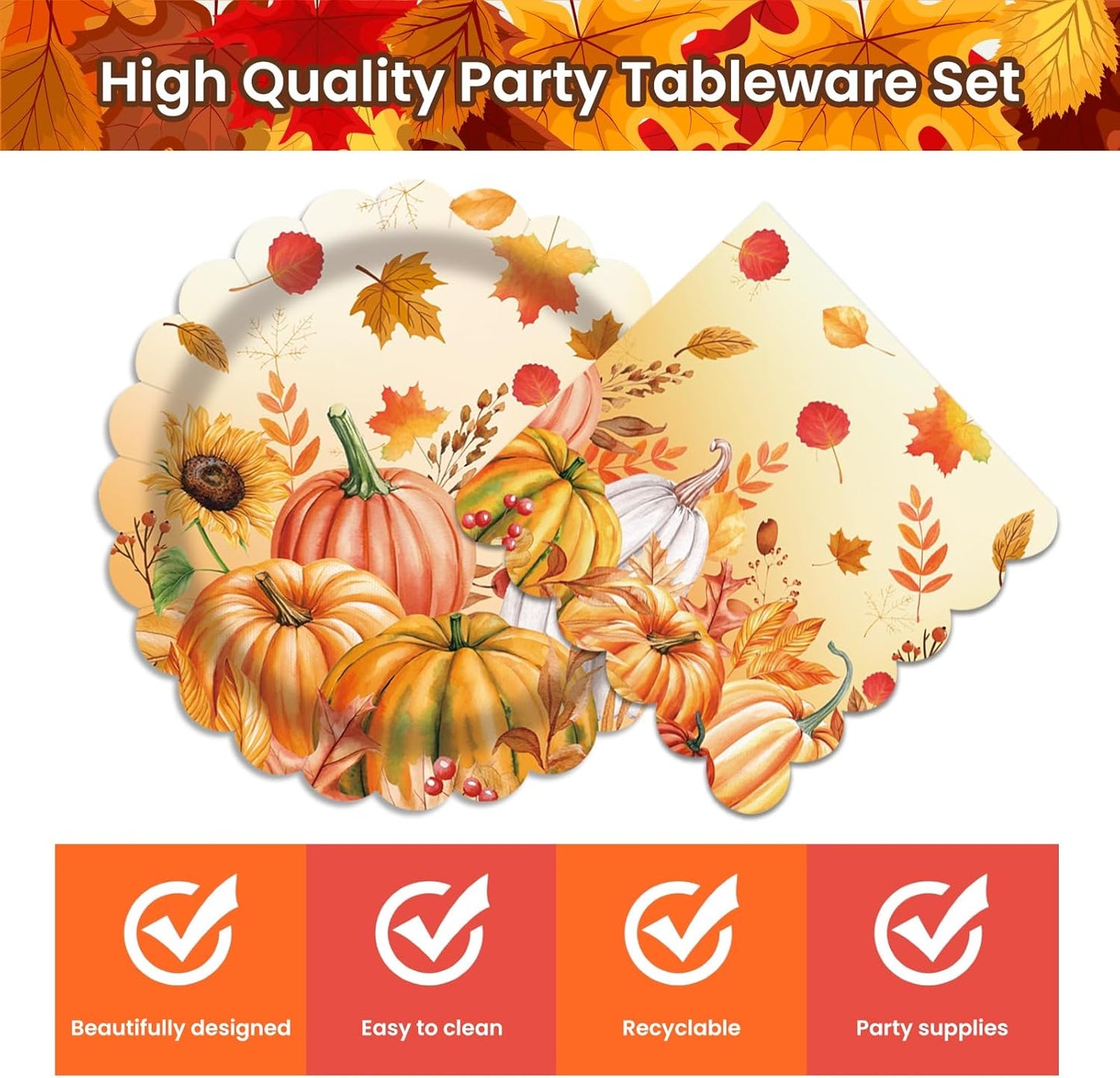 40 Pcs Fall Pumpkin Dessert Plates and Napkins Sets Autumn maple leaf 9" Paper dinner Plates and 6.5" Napkins Tableware For Fall Picnic Harvest Thanksgiving Day Party Decoration