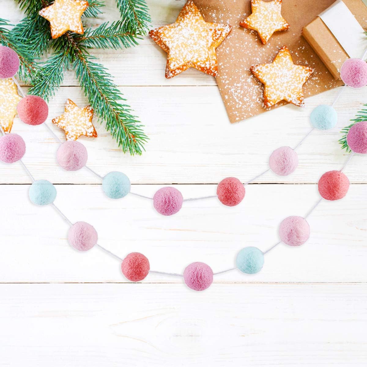 CCINEE 9.8 Feet Felt Ball Garland Pink Pom Poms Balls Strings (24Pieces Bulk) Handmade 4 Colors Mixed 1.2" for Birthday Banner Festival Spring Party Favor