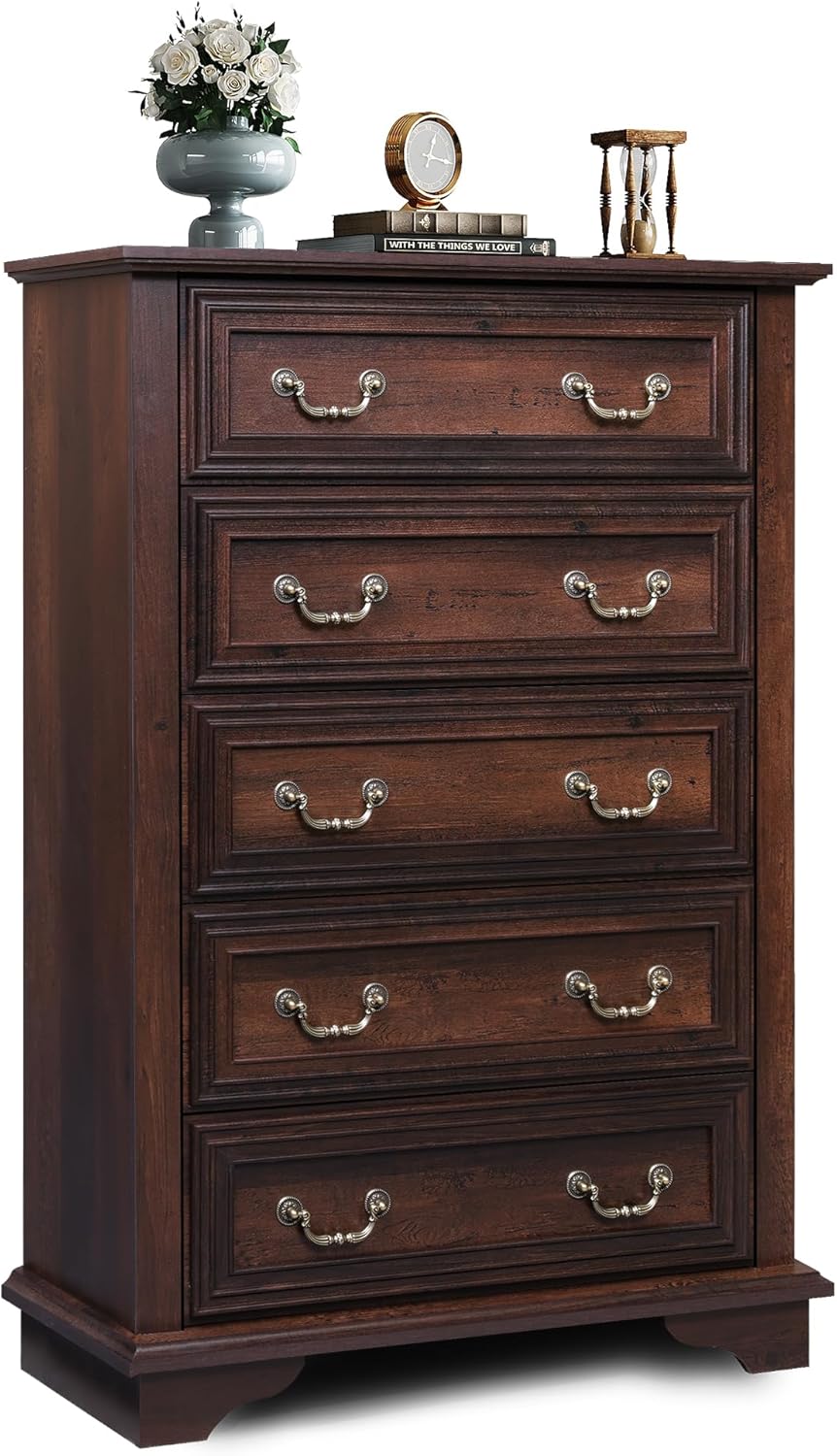 WLIVE Farmhouse Dresser for Bedroom, Tall Wood Dresser with 5 Drawer, Chest of Drawers with Roman Metal Handle for Living Room, Hallway, Closet, Brown