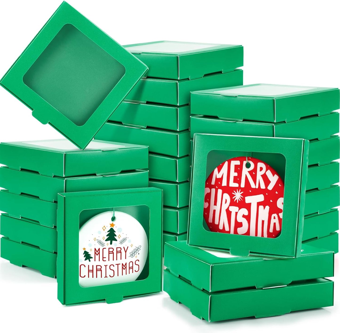 25 Pcs Sublimation Ornament Blanks Box 3.6"x3.6"x0.7" Christmas Ornaments Holder Ceramic Discs Packaging Box with Window for Personalized Xmas Tree Blanks Bulk (Green)