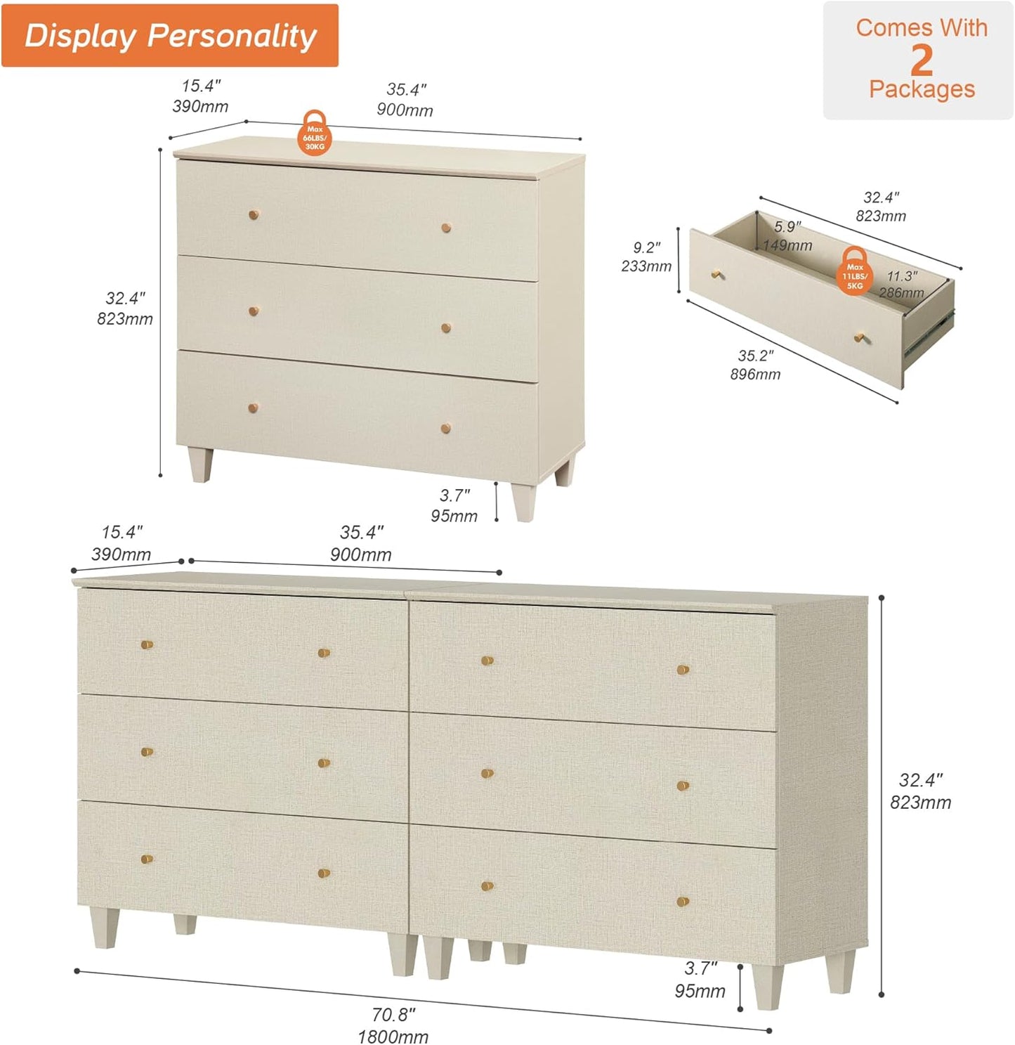 WAMPAT Dresser with 6 Drawers for Bedroom, 70.8" Wide Wooden Chest of Drawers, Modern Closet Storage Organizer Dressers with Solid Wood Legs for Living Room, Children's Room, Nursery, Beige