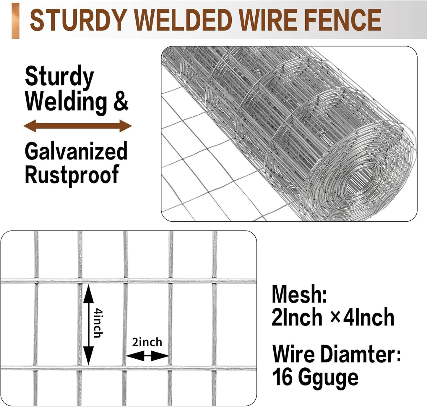 Tongmo 3 ft x 100 ft Galvanized Welded Wire Fence, 16GA Garden Chicken Wire Fence Roll, Mesh Size 2" x 4"Hardware Cloth, Ideal for Yard Protection and Poultry Netting