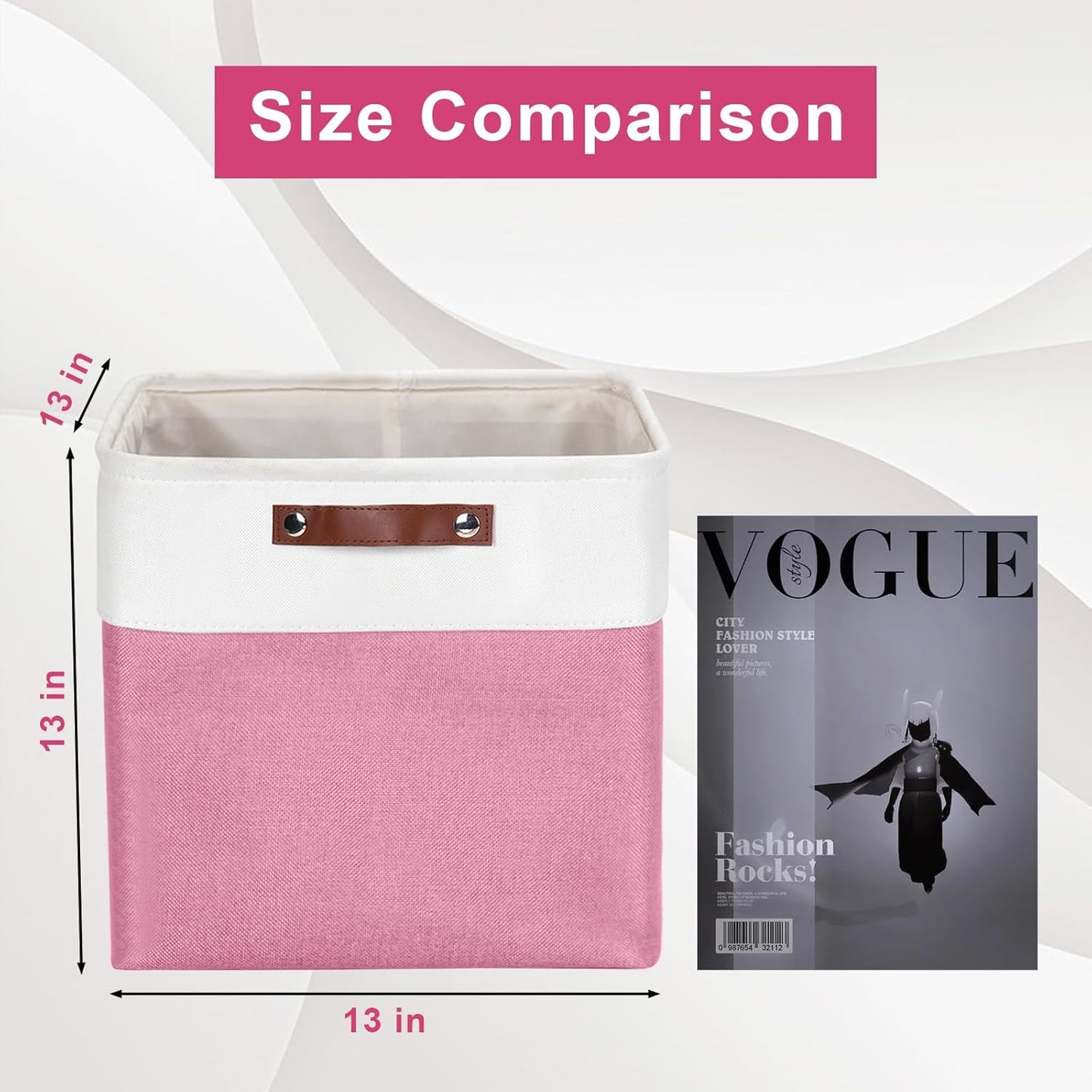 13x13 Cube Storage Bins, Collapsible Fabric Storage Box, 4 Pack Closet Baskets with Handles for Organizing, Shelf, Toys, Clothes, Home, Office, Nursery (Pink&White)