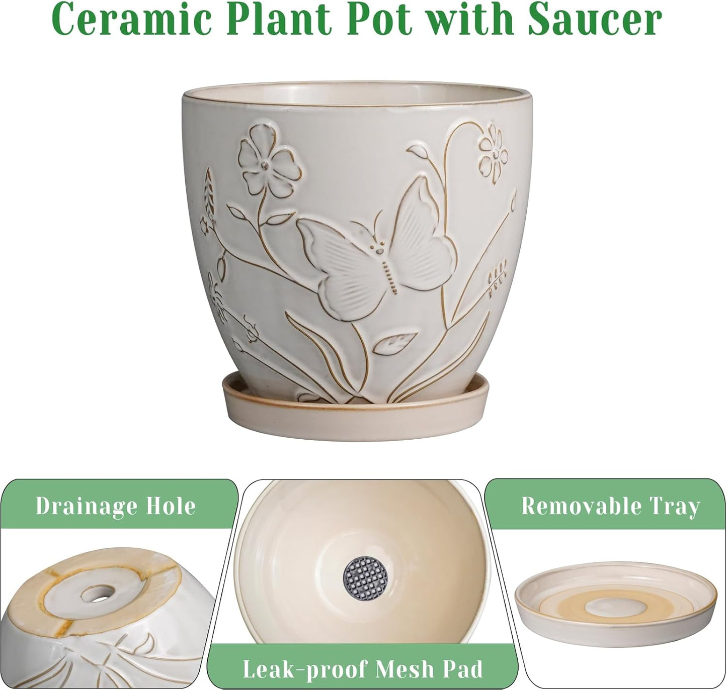 8 Inch Ceramic Pots for Plants Large Planter Pot with Drainage Hole and Saucer Round Flower Pot for Indoor Outdoor Decor, White