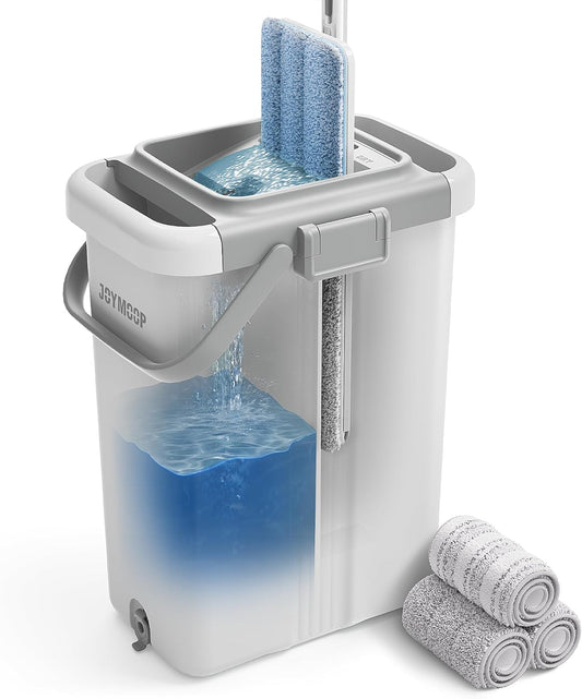 JOYMOOP Mop and Bucket with Wringer Set, Flat Squeeze Mop with Bucket (X-Large), Dust Mop for Wall Cleaner with Long Handle, Microfiber Mop - White Bucket with 3 Reusable 15" Pads