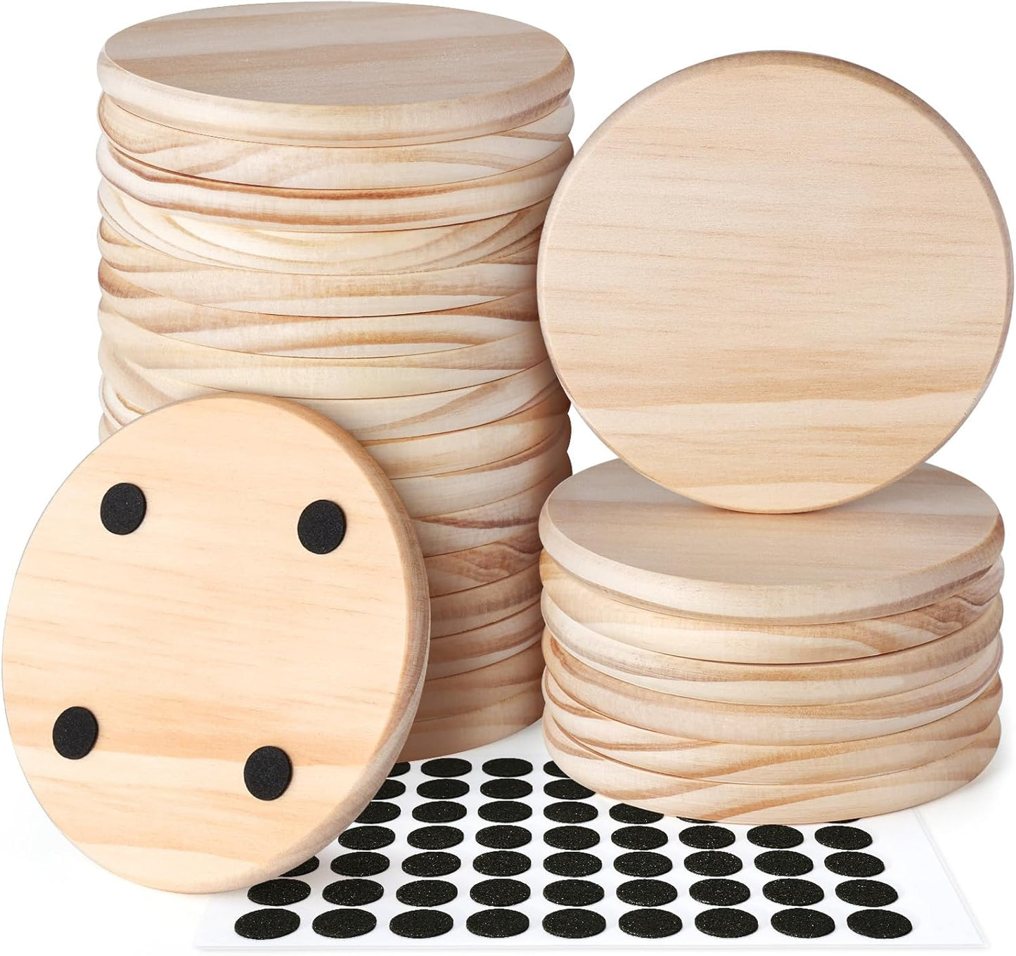 24 Pieces Unfinished Wood Coasters, GOH DODD 4 Inch Wooden Blanks with Non-Slip Pads for Laser Engraving Wood Burning Staining Painting Decoupage Housewarming Gifts Wedding Crafts Education, Round