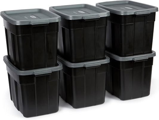 Rubbermaid Roughneck Tote 18 Gal, 6 Pack, Made in USA, Black & Gray, Rugged Plastic Stackable Storage Bins with Lids and Handles