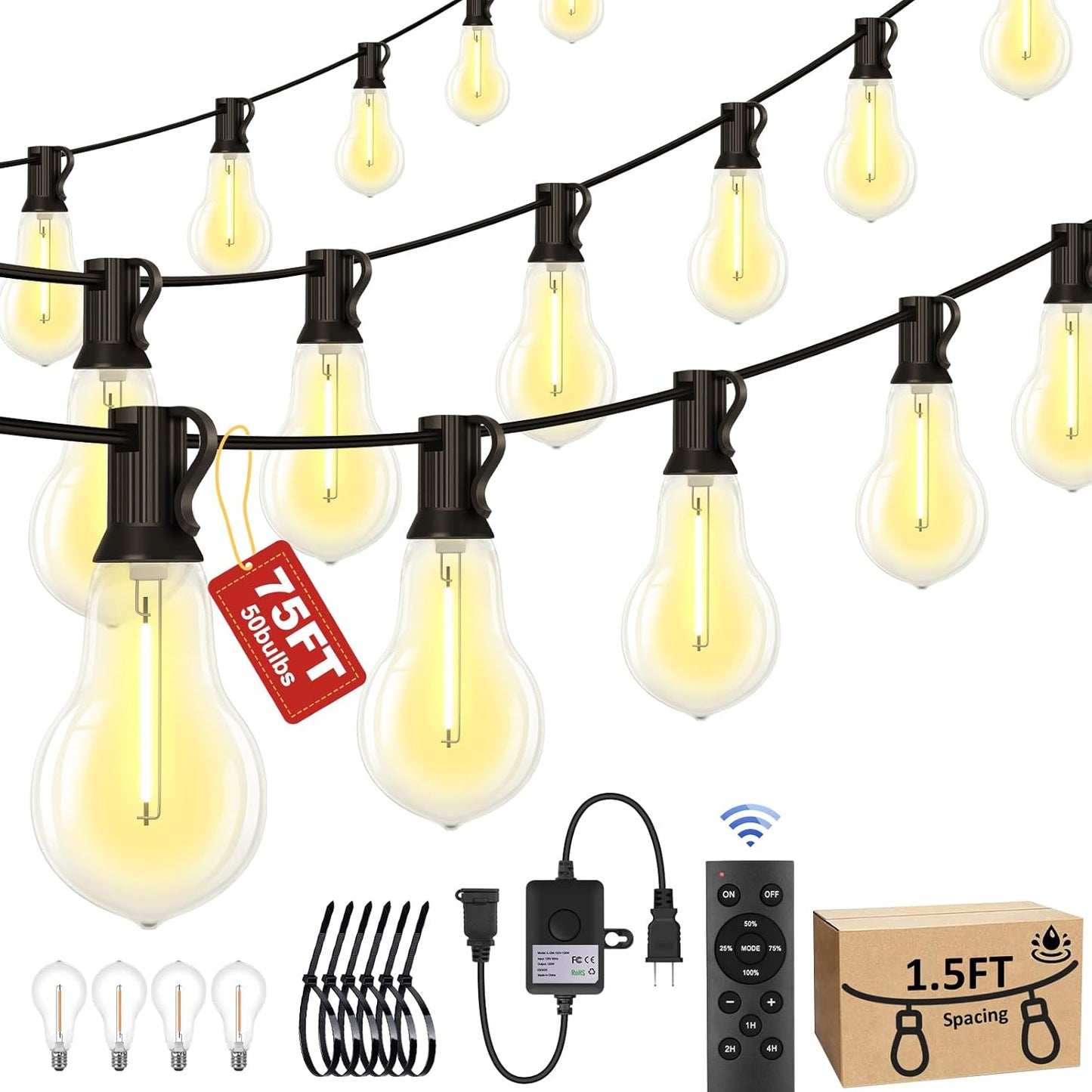 75FT Outdoor String Lights Waterproof with 50+4 Bulbs (1.5FT Bulbs Spacing), Remote & Dimmer, Commercial Patio String Lights with 3 Mode Light & Timing, 100PC Mounting Ties for Outside