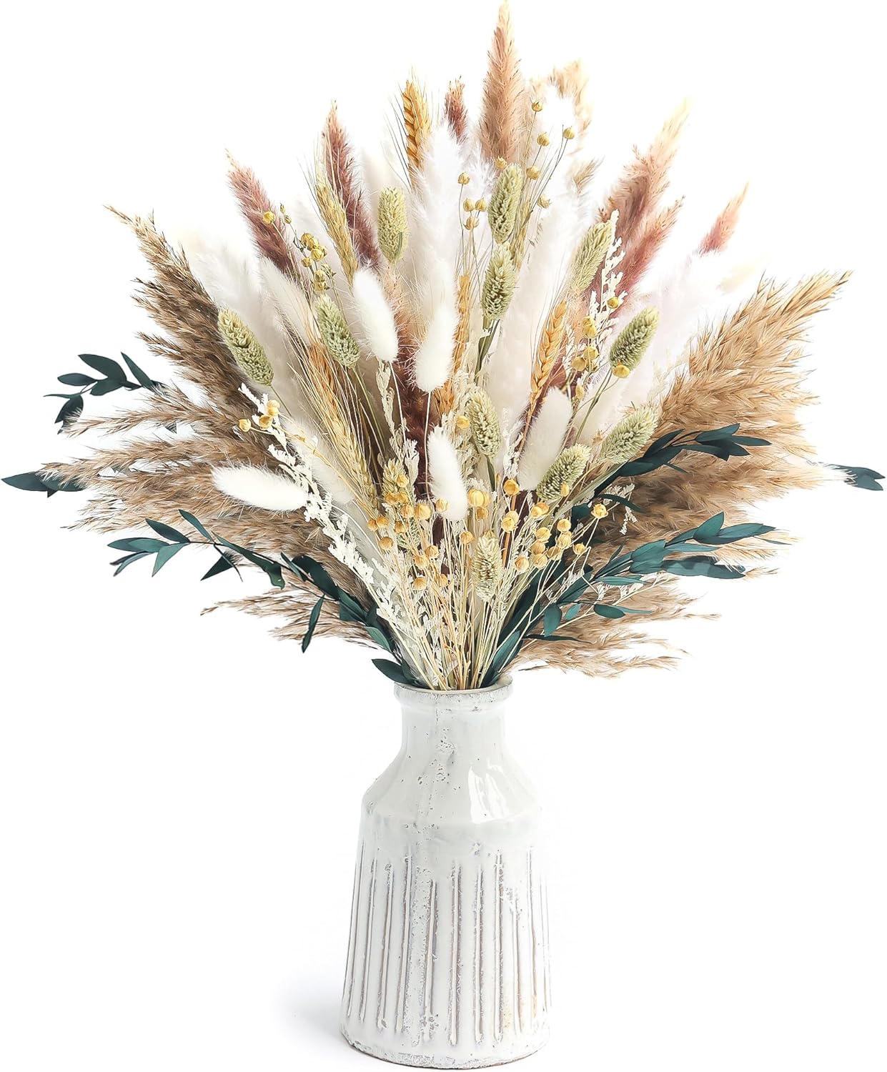 126pcs Dried Pampas Grass Decorations, Dried Flowers, Dried Bouquet in Vase, Reed Grass Bouquet for Boho Floral Wedding, Rustic Farmhouse Decor. (Vase Not Included)