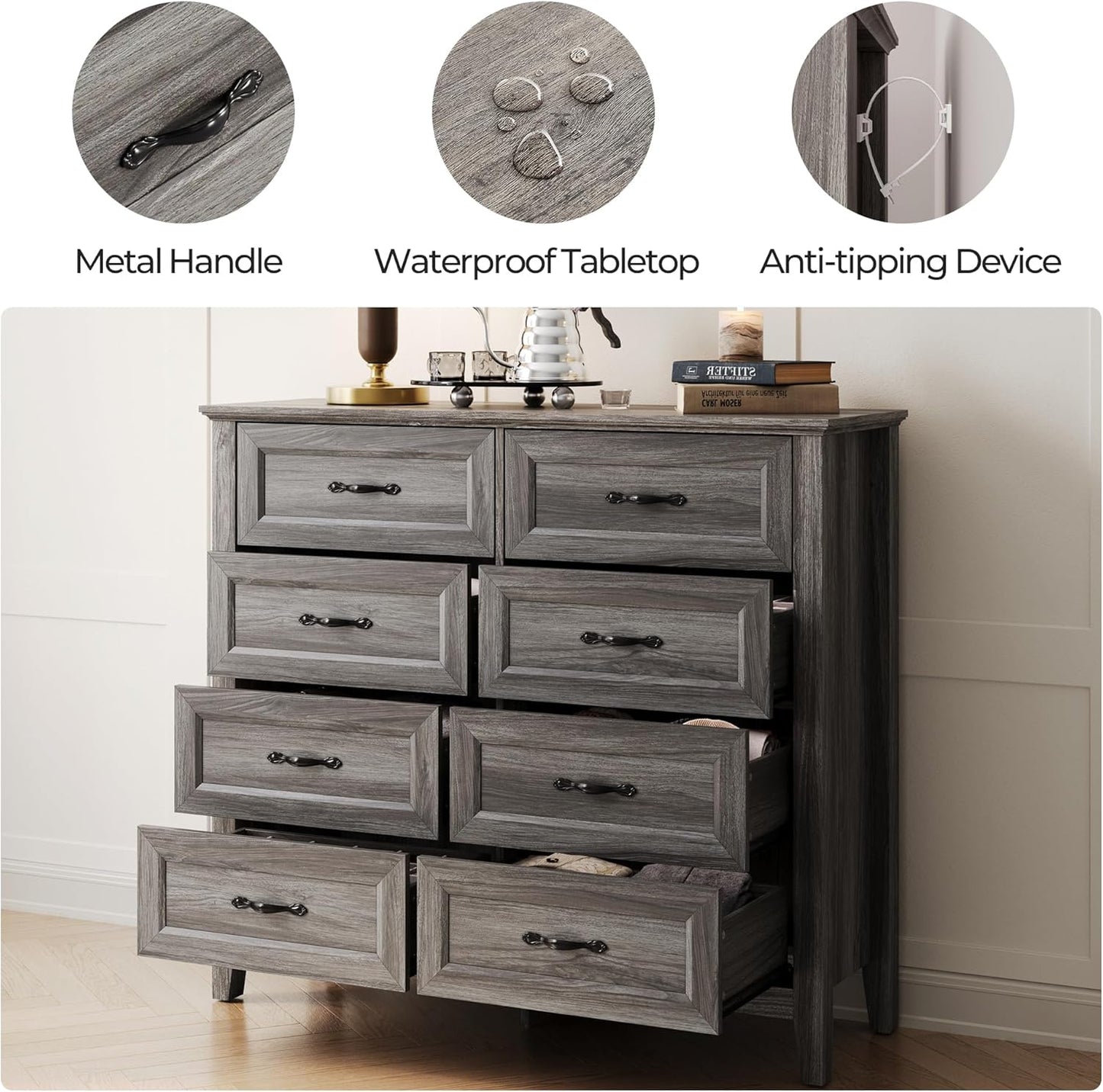 LINSY HOME Farmhouse 8-Drawer Dresser - Grey Chest of Drawers for Bedroom and Living Room Organization, Wood Dresser with Ample Storage Space and Rustic Charm
