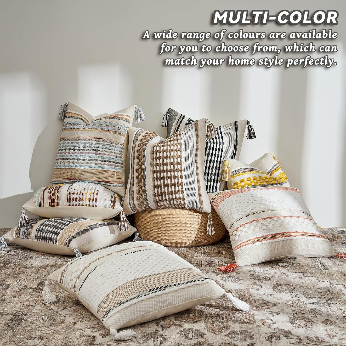 AmHoo Set of 2 Chenille Striped Textured Boho Throw Pillow Covers Aesthetic with Tassels Woven Decorative Pillow Case for Couch Bed Sofa Bedroom Modern Funky 18 x 18-Inch White Multicolor