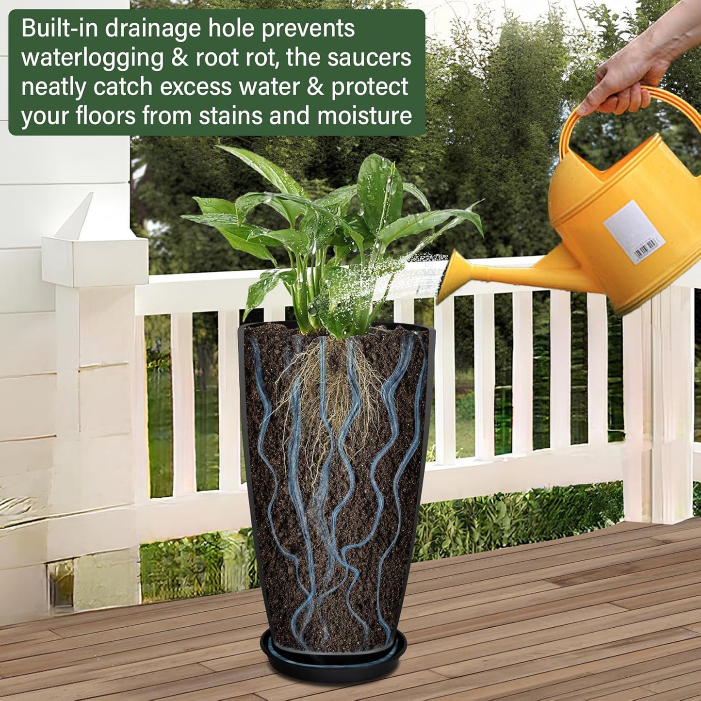 24/21/12 Inch Large Plastic Planter, Lightweight Ceramic-Look Large Flower Pots with Drain Hole & Saucers, Plastic Outdoor Planters for Garden, Patio, Balcony(Brilliant Black)