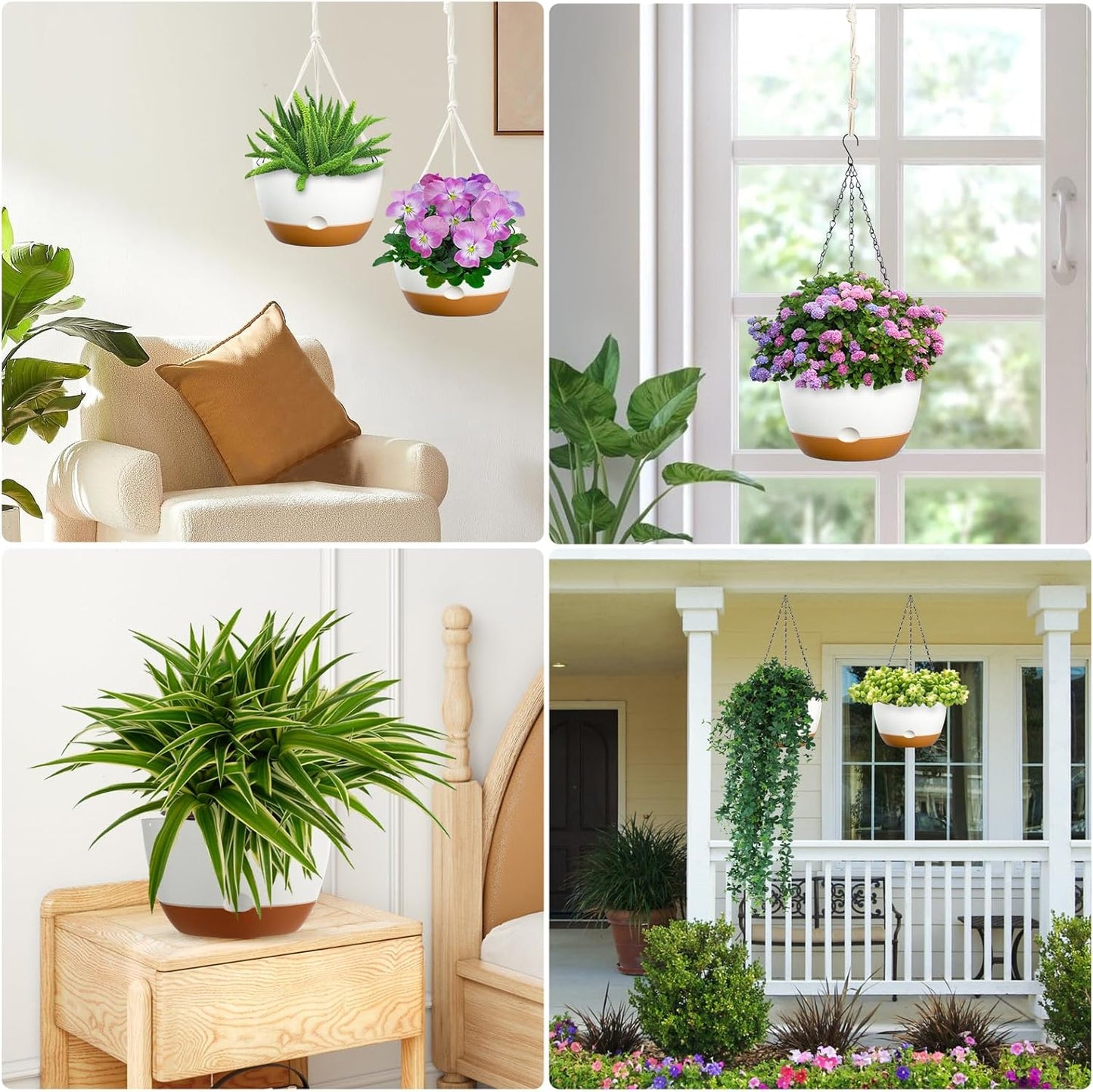 8 Inch Hanging Planters for Indoor & Outdoor Plants (2 Pack) - Self-Watering & Drainage Flower Pots with 2 Kinds of Plant Hangers for Home Decor & Garden (White, 8 in)