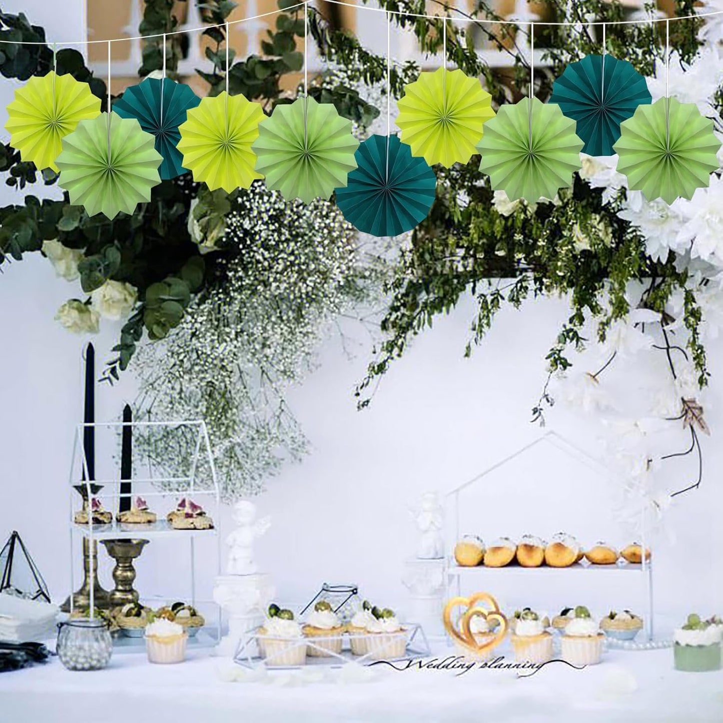 BARTHEW Green Hanging Paper Fans, 8in, 30 Pack, DIY Set, Minimalist Modern Style, Green, Military Theme, Birthday Occasion