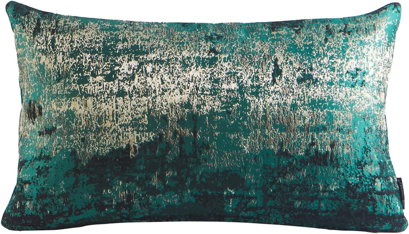 THE-TINOART Luxury Neon Moss Green Jacquard Pillow Cover 12x20 - Reversible Gold Threaded Embroidered Design, Holiday Throw Pillow Case for Couch, Sofa, Bed Décor