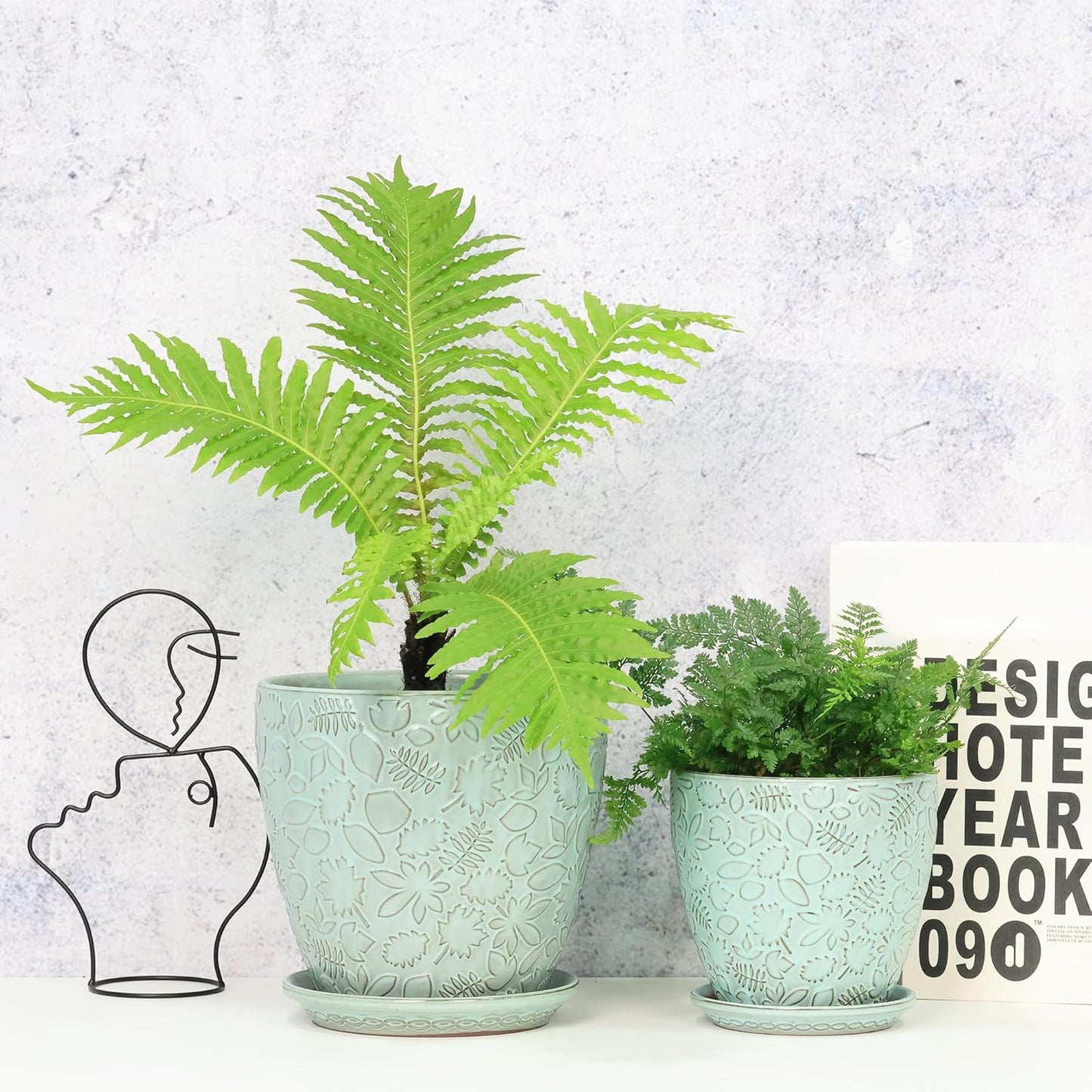 8 Inch + 6 Inch Plant Pots for Indoor Plants, Ceramic Planter with Drainage Hole and Saucers, Garden Pots for Succulent, Orchid, and Flower, Set of 2