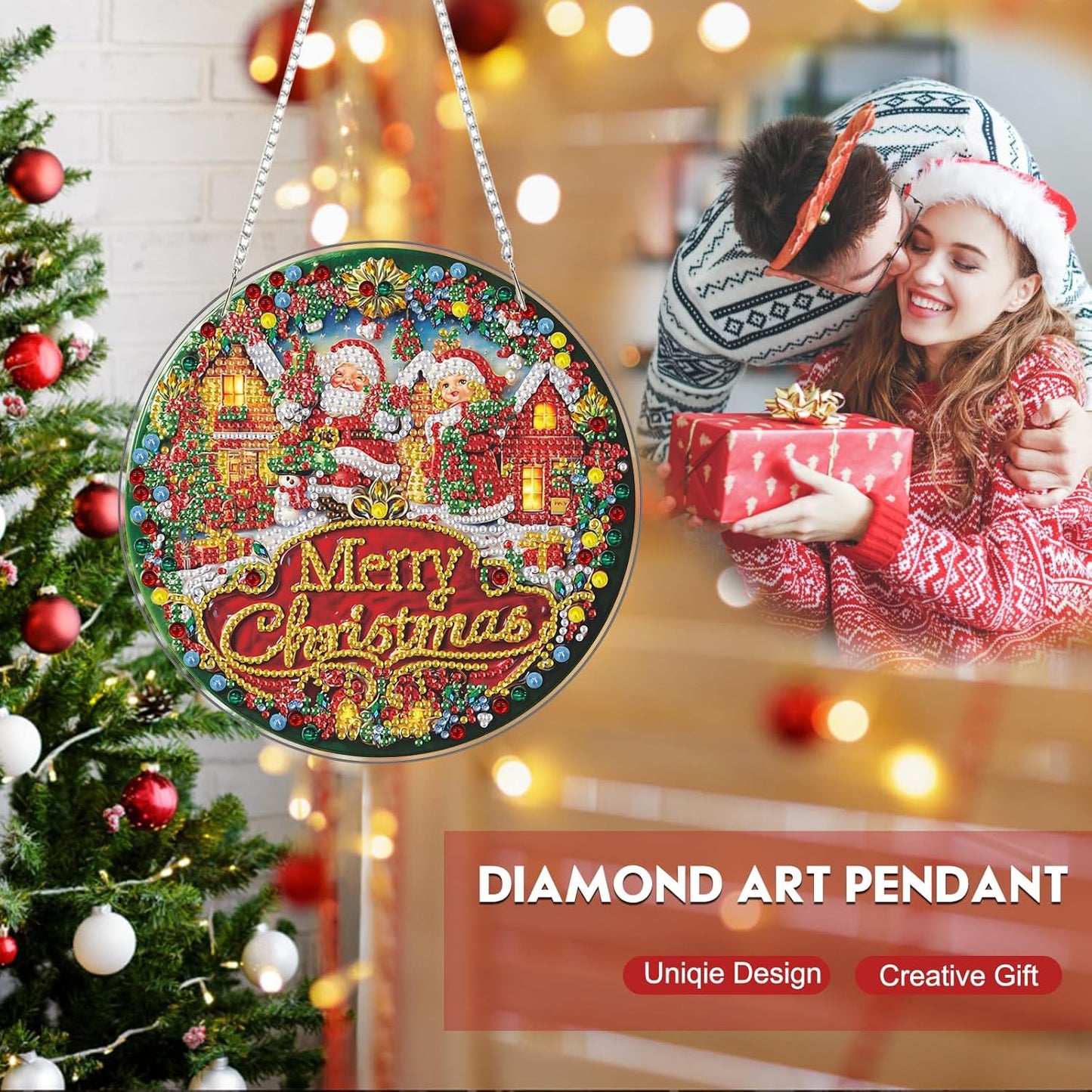 Diamond Art Hanging Kit for Adult, Merry Christmas, DIY Special Shaped Crystal Acrylic Diamond Art Painting Window Pendants, Santa Claus Sign, Diamond Painting Ornament for Home Garden Wall decor