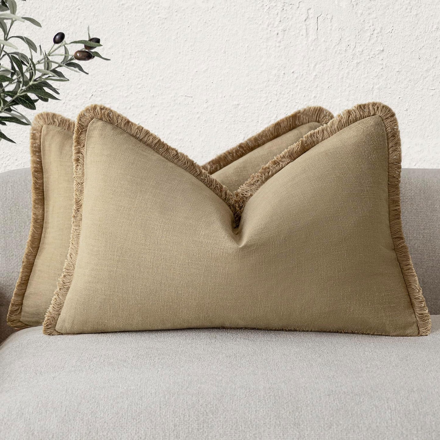 Foindtower Set of 2 Decorative Linen Fringe Lumbar Throw Pillow Covers Farmhouse Cushion Cover with Tassels Accent Pillowcase for Couch Sofa Bed Living Room Home Decor,12×20 Inch,Light Khaki Taupe