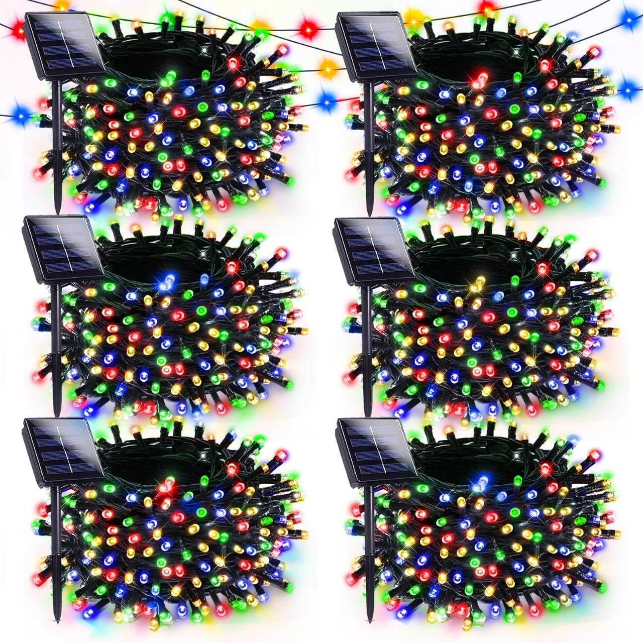 6 Pack Solar Christmas Lights Outdoor, 600 LED 198 FT Solar Powered String Lights Waterproof with Green Wire 8 Lighting Modes, Twinkle Light for Xmas Tree Party Yard Garden Decor, Multicolored