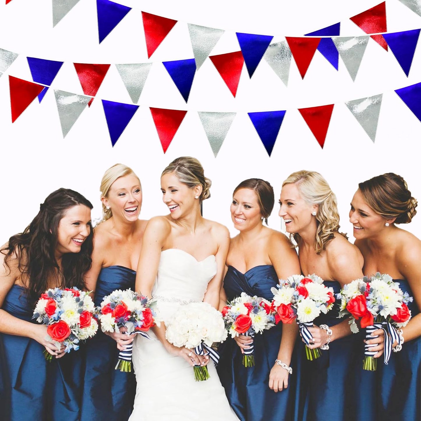 Red Blue Silver Party Decorations Metallic Fabric Triangle Pennant Banner Flag Bunting Garland for Graduations 4th of July American USA National Day Patriotic Veterans Birthday Outdoor Party Supplies