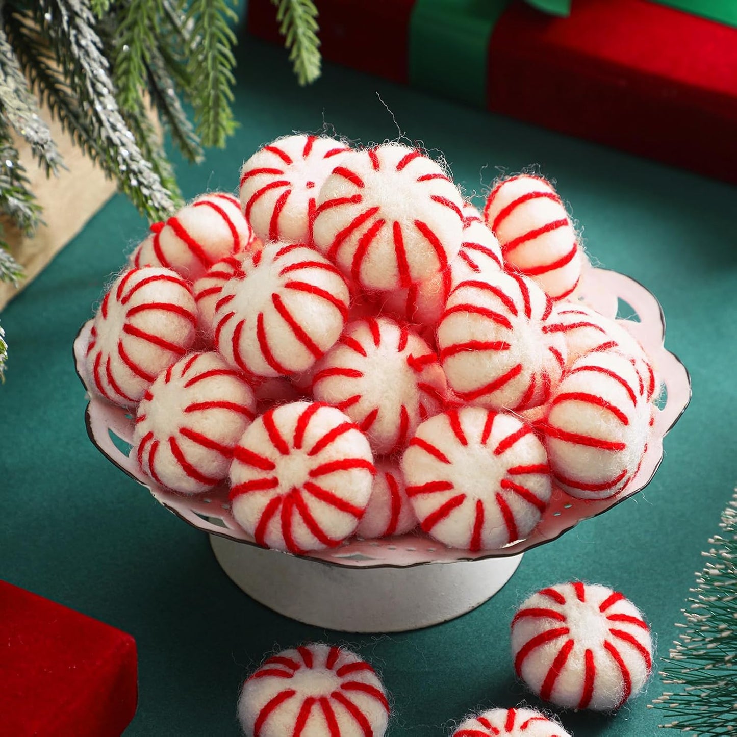 36 Pcs Felt Peppermint Decoration Christmas Wool Peppermints Christmas Arts Crafts Supplies, DIY Garland for Tree Home Vase Filler Decoration(Red)