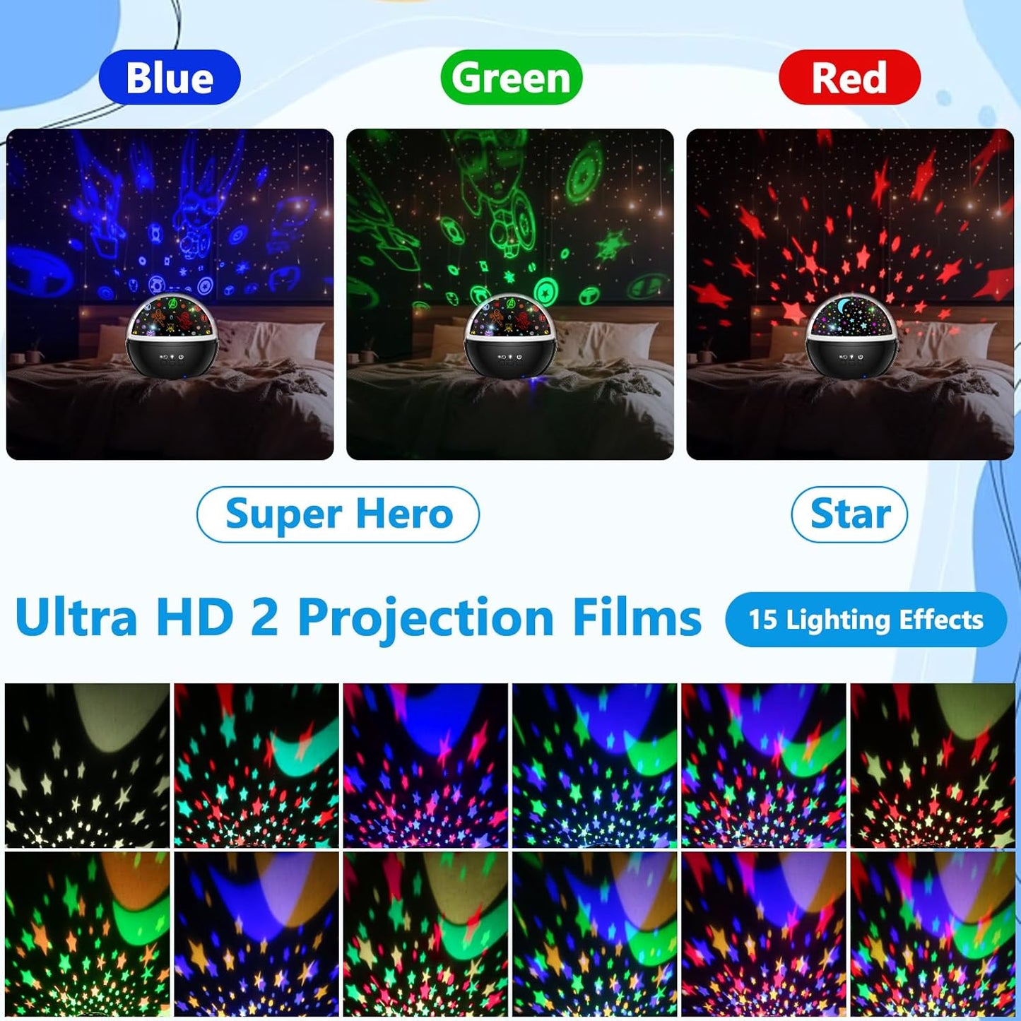 Superhero Night Light Projector for Boy,Kids Night Lights with Spiderman and Star Theme,360 Degree Rotation,15 Mode Color Changing,Birthday Gift Toys