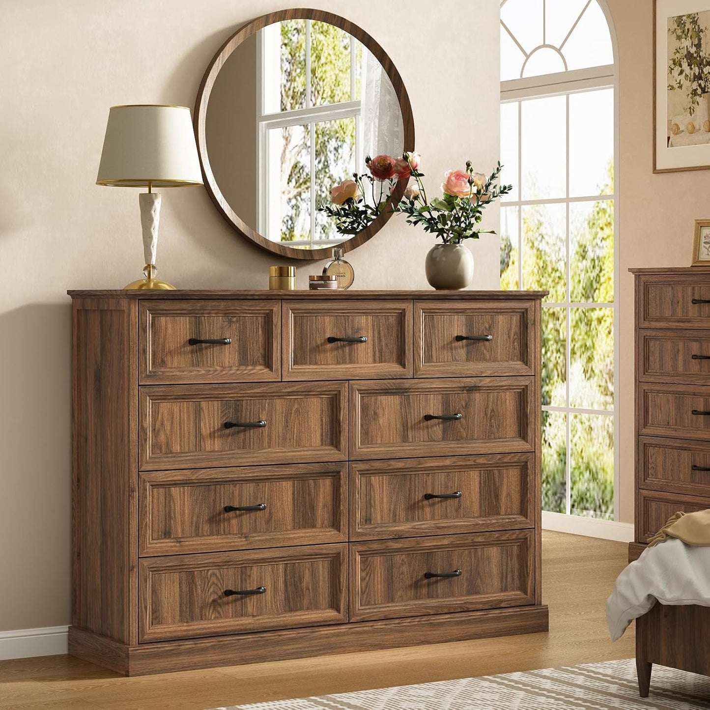 Farmhouse 9 Drawer Dresser for Bedroom, 55 Inch Wide Modern Walnut Dresser TV Stand with Large Drawers & Bar Handles, Rustic Wood Chest of Drawers for Bedroom, Living Room, Hallway, Entryway.